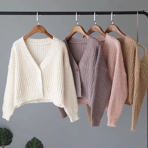 Korean Fashion all-match v neck Knit cardigan short long sleeve sweater for women tops