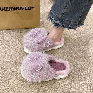 Outwear Cotton Slippers Female Winter Cute Bows Indoor Home Velvet Thermal Non-Slip Thick Sole Fluffy Slippers