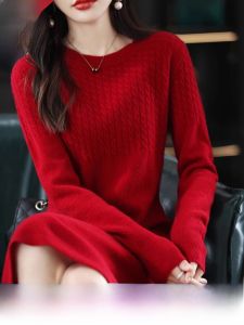 New Years Cashmere Sweater Mid-Length Wrap Dress Knitted Woolen Red Color Womens Fashion Winter Commute Style Warmth Heating