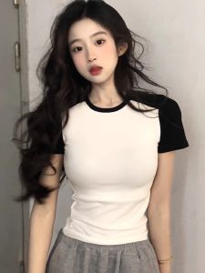 Retro Color Block Slim Fit Short Sleeve T-Shirt Womens Short Style Summer New Korean Version Weight Loss Small Size Top