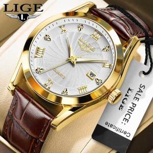 LIGE New Fashion Watch For Man Leather Sport Wrist Watch With Date Chronograph Waterproof Quartz Clock + Box
