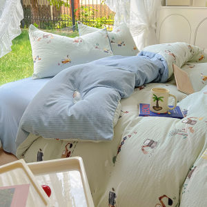 Four-Piece Bedding Set Bed Sheets Quilt Cover Pure Cotton Washed Cotton Fitted Sheet Quilt Cover Student Dormitory Single Bed Three-Piece Set