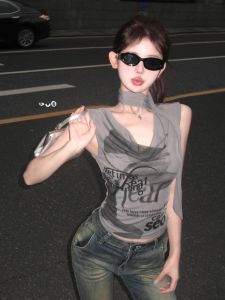 GUZILIAN | Retro American Print Halter Neck Short Sleeve T-Shirt Women Summer Mini Sweet Spicy French Sleeveless Vest Hanging Neck Top