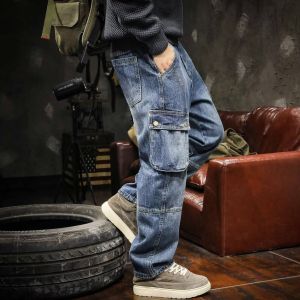 American Style Workwear Jeans Mens Loose Straight Leg Spring Autumn Large Size Trendy Vintage Long Trousers Multiple Pockets