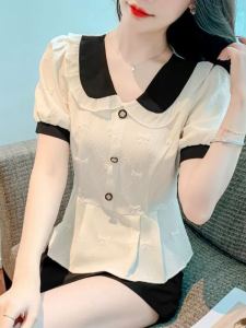 Cute Collar Shirt Short Sleeve Womens Summer Slimming Fashionable Beautiful Top Belly Covering Unique Necktie Clip