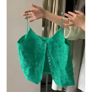 เสื้อยืดแขนกุดผ้าลินินสีเขียวสไตล์เกาหลีสำหรับผู้หญิงในช่วงฤดูร้อน เสื้อผ้าทำงานคอวีแขนกุดแบบลำลอง