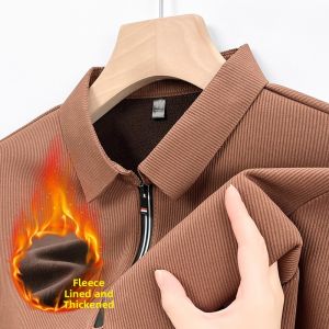 Thickened Fleece Long Sleeve Polo Shirt Casual Business Style Zipper Design Comfortable Loose Fit Dad Base Layer Top for Middle-Aged Men