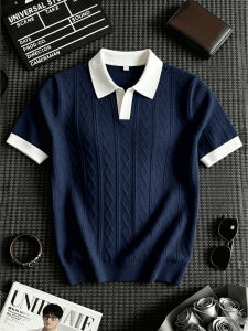 LIUBU | Navy Stripe Knitted Polo Shirt Short Sleeve