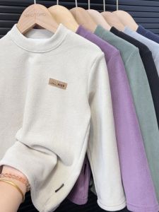 หนาขึ้น ยืดได้ ฤดูหนาว เสื้อยืดแขนยาวเด็กชายคอกลางสีบริสุทธิ์ ผ้าขนแกะ เสื้อฐานเรียงราย อุ่น เสื้อท่อนบน สําหรับเด็กกลางและเด็กโต