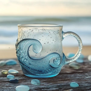pdq | Ocean Themed Glass Coffee Mug With Sea Wave Design For Beach Bar Workplace Travel Use Unique Handmade Gift Idea