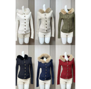 YUEZHONGWEI | Red Large Fur Collar Hooded Knitted Sweater Cardigan Female Slimming