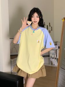 Loose Shoulder Sleeve T-Shirt Womens Summer Cotton Bear Magic Tape Short Sleeve Top Couples Shirt Creative Cartoon Pattern