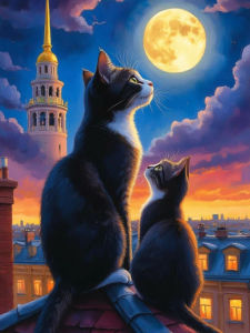 Huacan Full Square Round 5D DIY Diamond Painting Black And White Cat Roof Diamond Embroidery Animal Landscape New Wall Decor