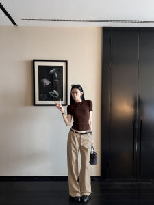Vintage High-Class Tencel Cotton Khaki Straight-Leg Casual Pants
