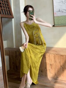 Elegant Chinese Style Off-Shoulder Long Dress Womens Summer Vintage Embroidery Sleeveless Gown Beautiful A-Line Midi Dress