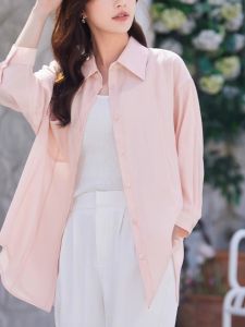 WANGGONGZHU | เสื้อเชิ้ตผ้าไหมเทียมโปร่งบางฤดูร้อนสำหรับผู้หญิง ปกโปโลแขนยาวหลวมๆ ทรงหลวมๆ ปกโปโลคอปก ป้องรังสียูวี