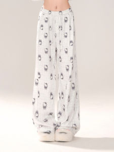 Kellykitty Morning Walk Cat Print สีขาว กางเกงลำลอง ผู้หญิง 2024 ฤดูใบไม้ผลิ ใหม่ยาว กางเกงขายาว สูง เอว โพลีเอสเตอร์ Blend