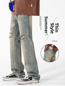 ROMON | Romon Mens Ripped Denim Jeans Summer Thin Loose Straight Leg Micro Flared Retro Trend Wear Resistant Ice Silk Casual Pants