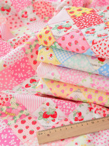 ผ้าฝ้ายแท้ DIY ทำมือ เสื้อผ้า กระเป๋า เสื้อผ้า ผ้าฝ้ายแท้ ลายดอกไม้ สไตล์ชนบท ดอกสตรอเบอร์รี่ ผ้าปักลาย