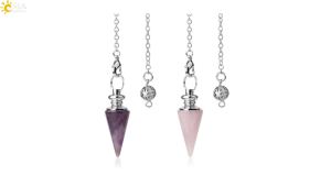 CSJA Conical Pendulum Natural Stone Taper Silver Color Chain Amethyst Rose Quartz White Crystal Tiger Eye Pendulums G491