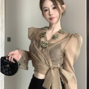 GUZILIAN | French Vintage Waist-Cinching Floral Shirt Womens Elegant Lace Belted Top Sweet Style Bubble Sleeve V-neck Autumn Fashion