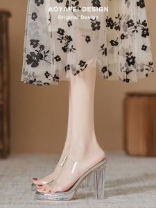 โปร่งแสง รองเท้าแตะส้นสูงหนังแกะ ผู้หญิง สวมใส่กลางแจ้งคริสตัลส้นหนาแบบสวม ทันสมัย Low Cut ฤดูร้อน รองเท้า