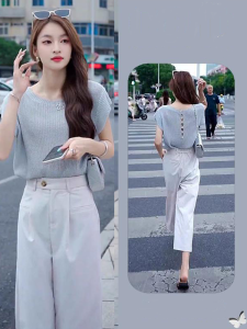 Shalldoer | Áo len dệt kim lụa mỏng hở lưng tay ngắn mùa hè cho nữ Áo sơ mi cổ tròn dáng rộng màu trơn phong cách thường ngày