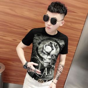 Summer Trendy Short Sleeve T-Shirt Mens Slim Fit Creative Interest Print Breathable Cotton Youth Fashion Casual Geometric Pattern