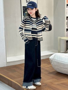 MPW | Girls Knitted Cardigan Jeans Set Trendy Fashionable Spring Autumn Wear For Children Ages 3-14 Breathable Comfortable Three Piece Suit