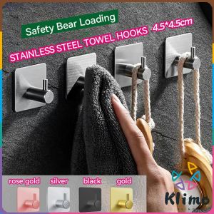 KLIMO Stainless Steel Towel Hooks Wall Door Clothes Kitchen Bathroom Rustproof Self Adhesive Towel Holder 3M Hooks