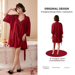 GONGDIE | Light Soft Sensual Silk Red Couples Pajama Set Long Sleeve