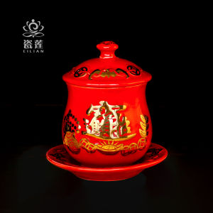 Red Ceramic Gold-Decorated Offering Cup for Home Buddha Hall Wealth Attraction Home Decor Traditional Chinese Style Artwork