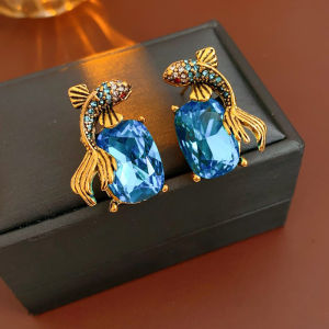 Blue Square Full Rhinestones Koi Fish Stud Earrings for Women Luxury Palace Style Ear Studs Party Aesthetic Jewelry Gifts M