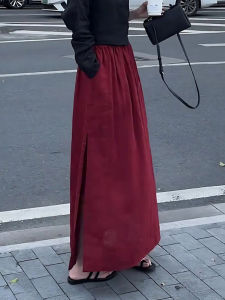 กระโปรงทรงเอสีแดง เอวสูง ทรงหลวม แขนยาว กระโปรงทรงเอสไตล์เกาหลีสำหรับผู้หญิง ฤดูใบไม้ร่วง 2024