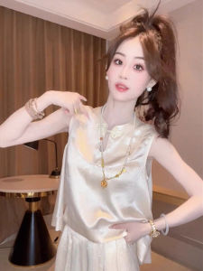 chaqi | New Chinese Style Sleeveless Short Vest Womens Summer Loose Hollow Out Button Up Top Commute Style Pure Color Casual Wear