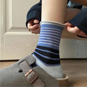 Dopamine Japanese Stripe Pattern Cotton Blend Socks No-Show Cuffed Spring Autumn Style Womens Mid-Calf Socks Moisture Wicking