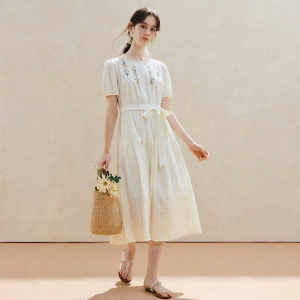 INMAN | Plant Lace Trim Retro Floral Waist Cinching Dress