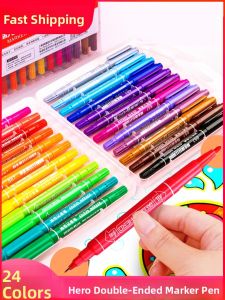 Hero 887 Small Double-Headed Oil-Based Marker Pens 12 Colors 24 Colors for Students Drawing Sketching Business Highlighting