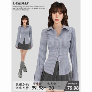 เสื้อเชิ้ตลายทางสีฟ้า ทรงสลิมฟิต แขนยาว สำหรับผู้หญิง เสื้อเชิ้ตสไตล์ JK ทรงเข้ารูป เสื้อเชิ้ตคอโปโล ทรงเข้ารูป สไตล์เกาหลี