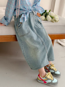 Girls Denim Mini Skirt Spring Autumn Casual Dress Childrens Fashionable Autumn Clothes Cotton Polyester Blend Standard Fit Pure Color