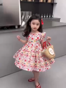 oKME ชุดเดรสเด็กผู้หญิงลายพิมพ์ชุดเดรสแฟชั่นฤดูร้อนชุดเจ้าหญิงดอกไม้ชุดลำลองสำหรับเด็กผู้หญิง