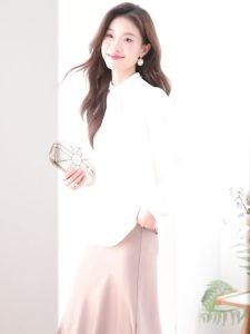 AMMIN 2025 Spring and Autumn New Fashion Pearl Beaded Ruched Design Stand Collar Long Sleeve Commuter Chiffon Blouse for Women Korean Style Sweet Elegant Blouse