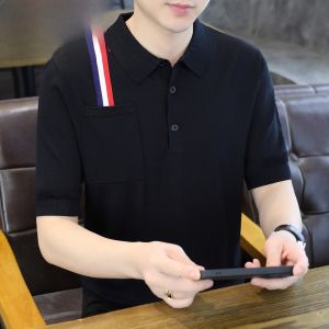 HENGYUANXIANG | Hengyuanxiang Mens Short Sleeve Polo Shirt Knitted Summer New Fashion Striped Pocket Design Turn-down Collar Breathable Thin Model