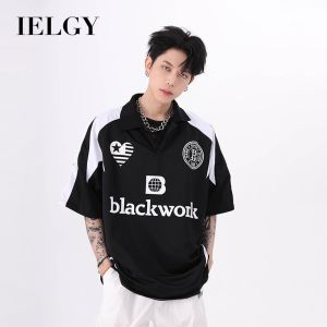 IELGY American Style Retro Motorcycle Style Polo Shirt Short Sleeve Mens Loose Summer Printed T-Shirt
