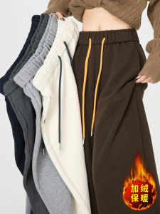 Café Brown Fleece Lined Thickened Wide Leg Casual Sweatpants Womens High Waist Straight Cut Commute Style Korean Fashion