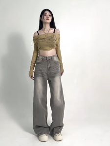 FASHLOVER Gray Straight Leg Pants Women Loose Jeans American Style Retro Wide Leg Jeans