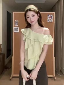 Irregular Multilayer Flounce Asymmetrical Shoulder Green Dots Camisole Top Slimming Youthful