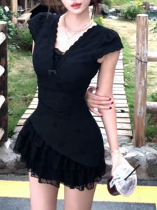 QINWEIYU | Black Lace Mini Skirt Womens Summer 2025 A-Line Short Dress Sweet Style Cotton Material V-Neck Slim Fit Regular Sleeve Length