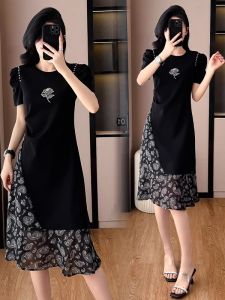 ชุดเดรสยาวปานกลางผ้าชีฟองสไตล์ฝรั่งเศสไซส์ใหญ่สำหรับผู้หญิงในช่วงฤดูร้อน ดีไซน์เก๋ไก๋ กระโปรงทรงเอ แขนสั้น คอตั้ง