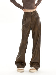 Brown PU Leather Straight Leg Slimming Casual Pants Womens High Waist Wide Leg Trousers Comfortable Loose Fit Autumn Wear